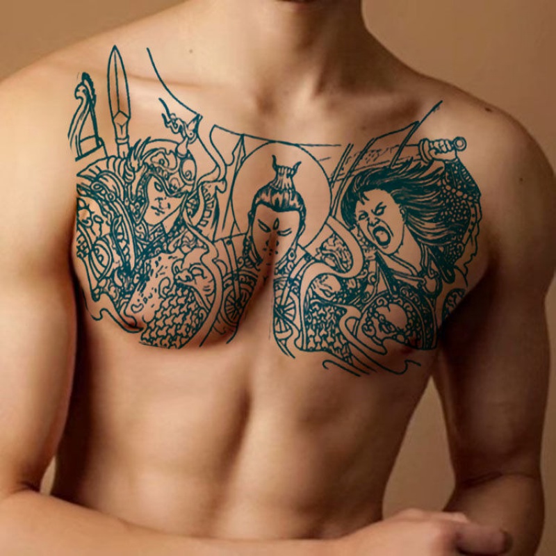千色集花胸刺青二郎神杨戬天王防水纹身贴胸甲男女刺青色线条纹身贴