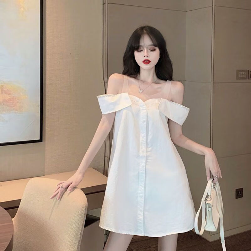 索涉(suoshe)小个子心机露肩连衣裙夏天纯欲性感性感心机一字肩吊带