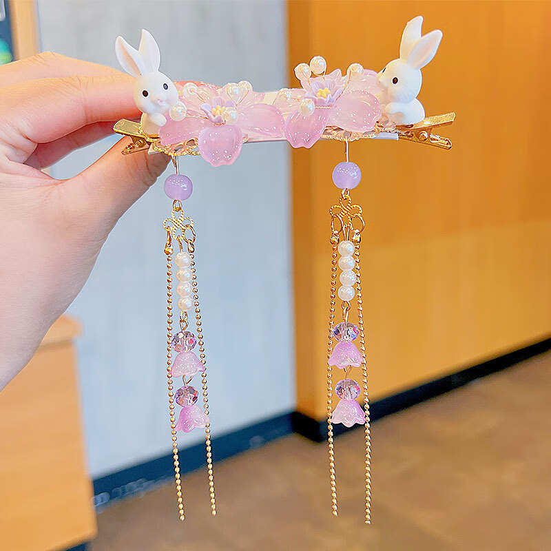 中秋玉兔发卡儿童古风夹中国风节饰古代汉服公主步摇流苏头饰 紫樱