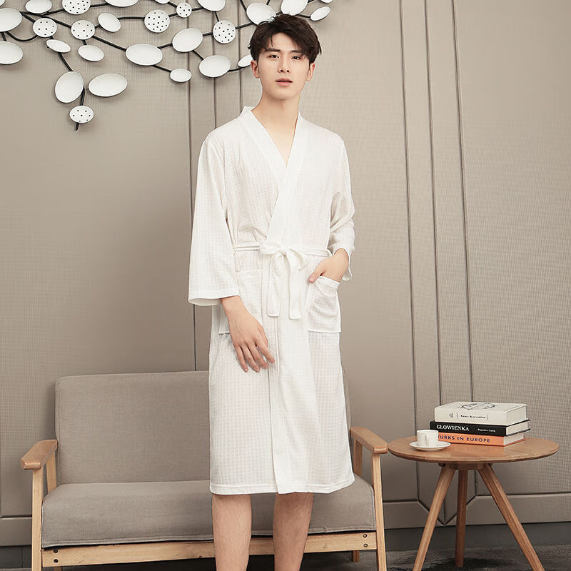 夏季中长款睡袍男薄款浴衣睡衣家 1601白色男 s/m码[适合80-135斤内]