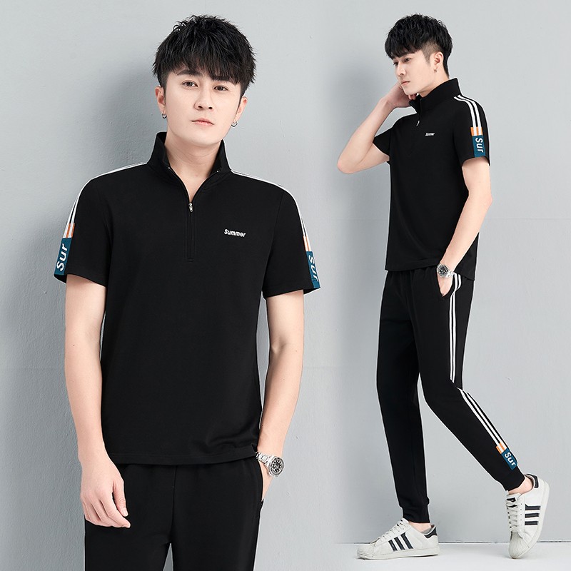 可晴尔 休闲运动套装男夏季新款韩版潮流跑步运动服短袖长裤男士套装