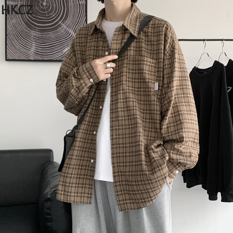 花格男衬衫长袖复古港风格子衬衫男春秋小众感休闲衬衣学生宽松内搭