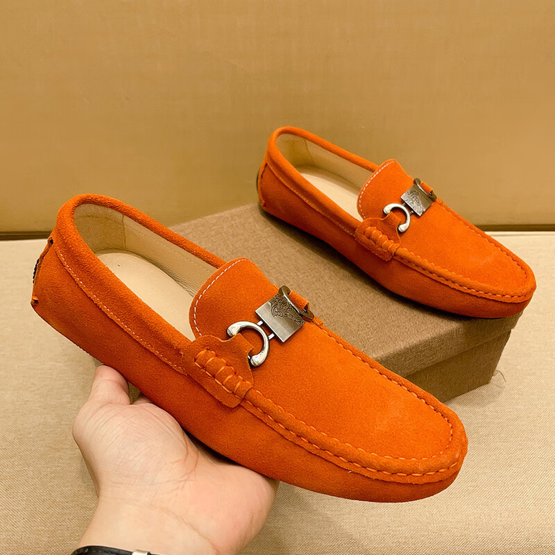 迪牧欧爱马橙豆豆鞋男头层牛皮商务休闲皮鞋男士欧洲站男鞋 橘色 38