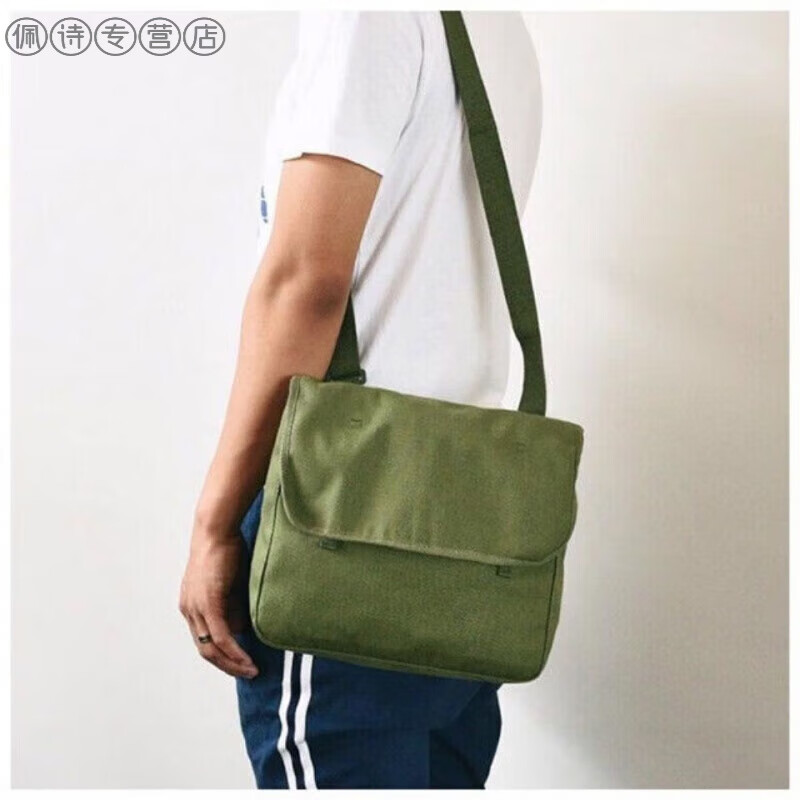 绿帆布书包怀旧单肩斜挎包学生军训军用男包女包 怀旧绿色包28*23cm