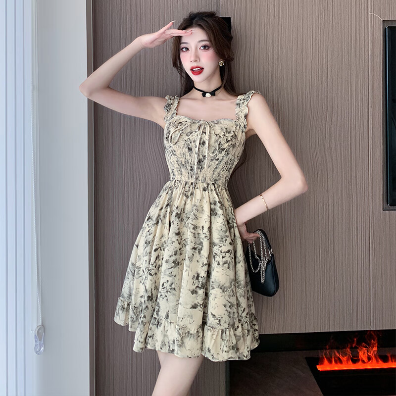 女士夏天穿的连体裙子法式碎花扎染连衣裙木耳边雪纺吊带裙小个子
