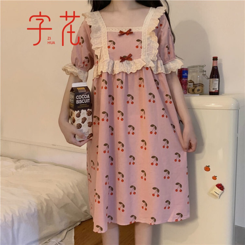 字花睡衣女夏士2021年新款睡裙季网红短袖大码孕妇家居服春款 工字领