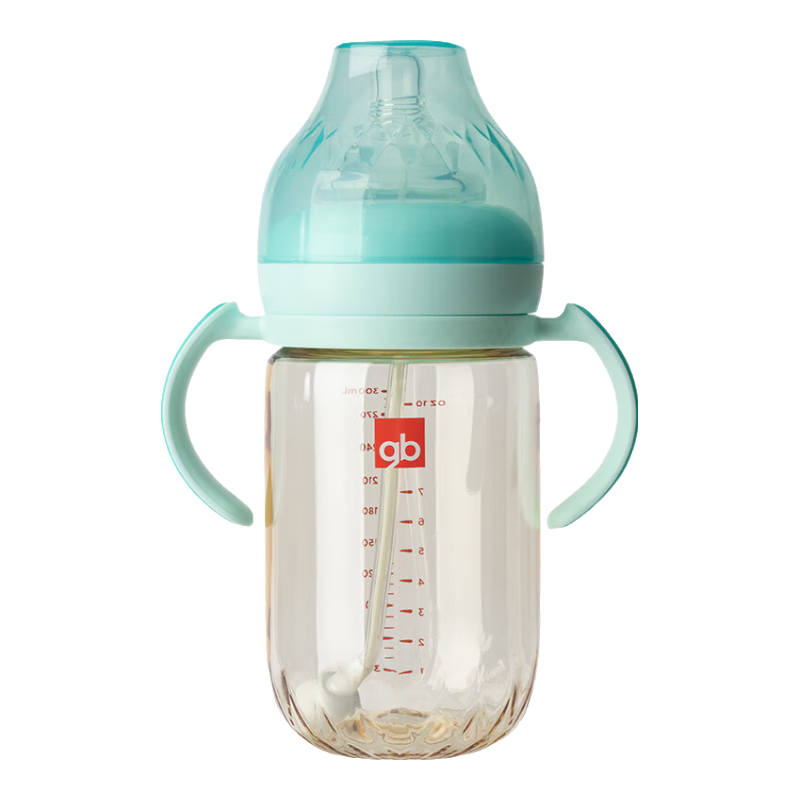好孩子(gb)吸管奶瓶 大寶寶一歲以上3-6歲PPSU耐摔寬口徑大容量帶手柄直飲杯 【奶嘴+鴨嘴+吸嘴】孔雀藍(lán) 6月+ PPSU 300ml(大奶量推薦)