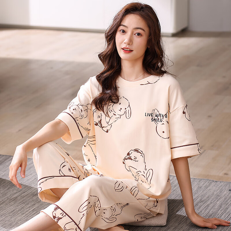 菲菲茵曼春夏季睡衣女纯棉短袖七分裤简约休闲卡通甜美可爱女士家居服