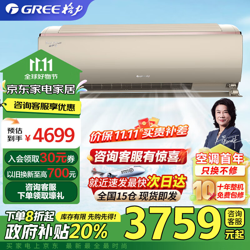 格力（GREE）睡梦宝变频冷暖大1匹1级能效挂机空调 KFR-26GW/(26553)FNhCe-B1(WIFI)(奢华金) 大1匹 一级能效 睡梦宝