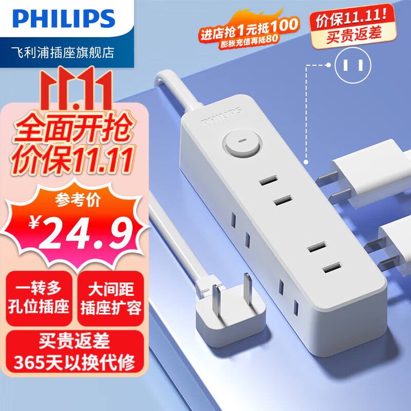 飞利浦PHILIPS转换插头/品字形一转三插座/无线转换插座/电源转换器/插排/排插 一转六【总控1.8米】高性价比高么？