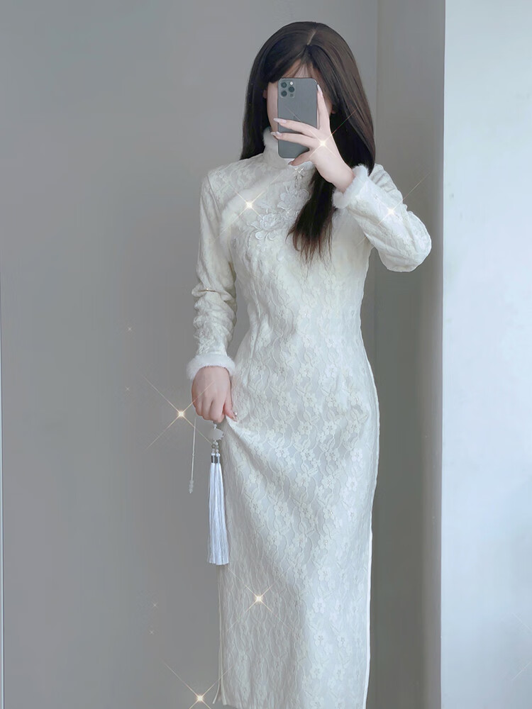 拉夏贝尔(la chapelle)白色旗袍冬季加绒加厚少女小个子气质高端年轻