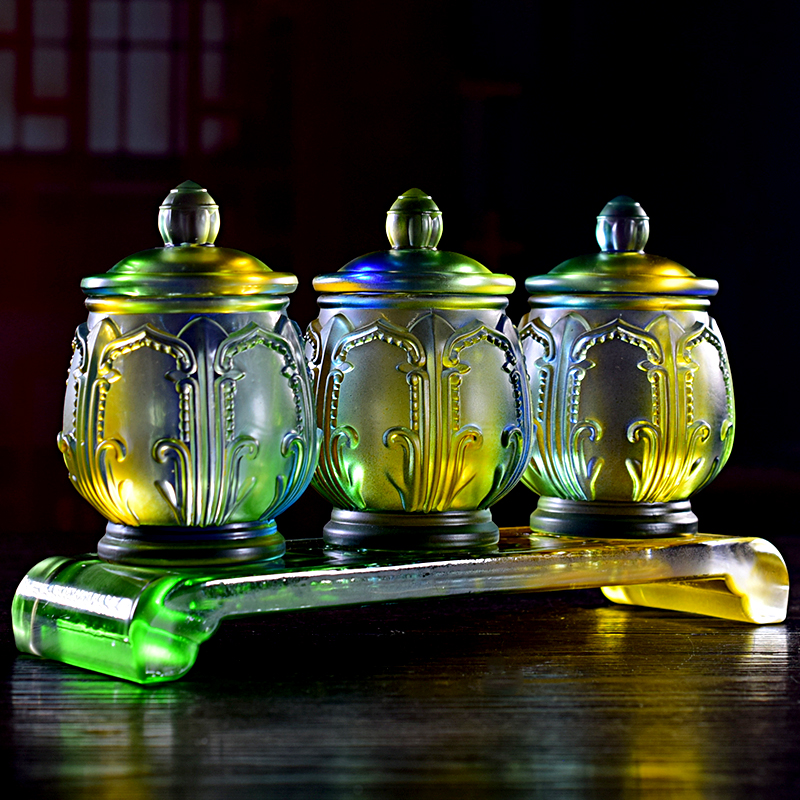 前观音琉璃莲花圣水杯家用佛堂供杯净水杯佛教用品 小号琥珀色圣水杯