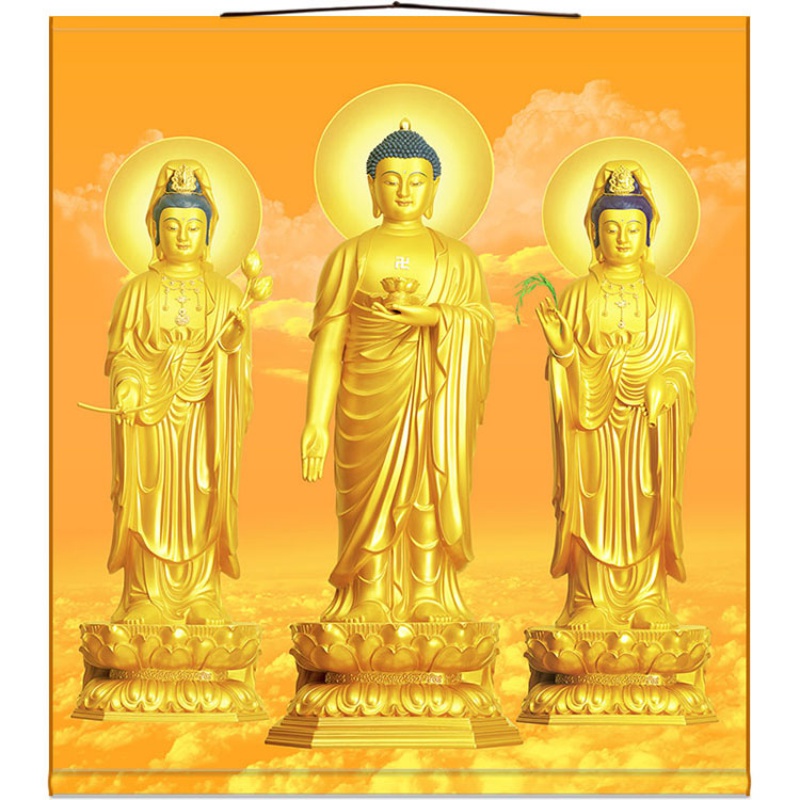 西方三圣佛像挂画 金身西方三圣接引图 阿弥陀佛大势至观音菩萨佛像画
