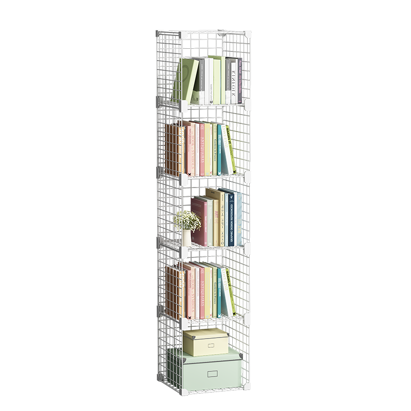 安尔雅 简易1.5m书架落地铁艺客厅置物架桌边收纳展示自由组合大容量窄书柜 白色一列5层100016734791