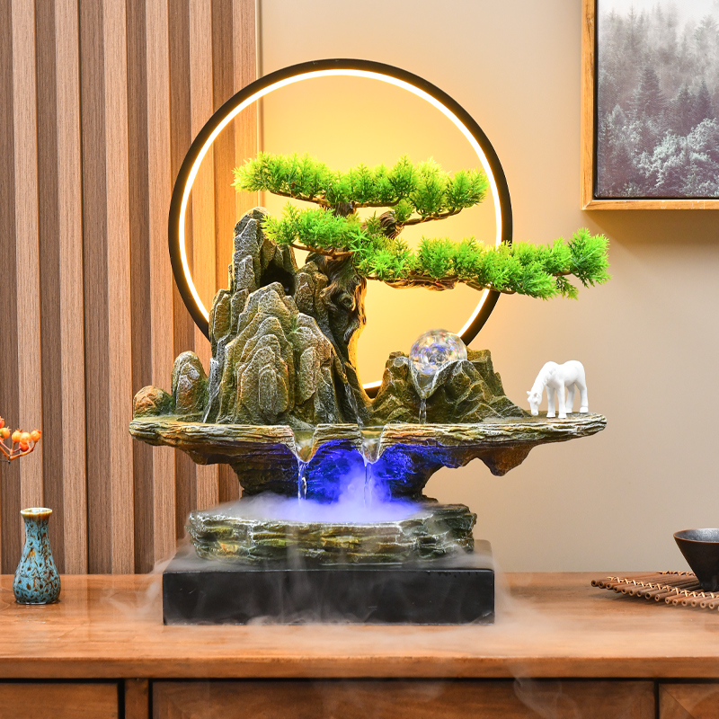 办公室桌面循环山水盆景摆件装饰开业礼品 锦绣松山大号带雾50*22*56