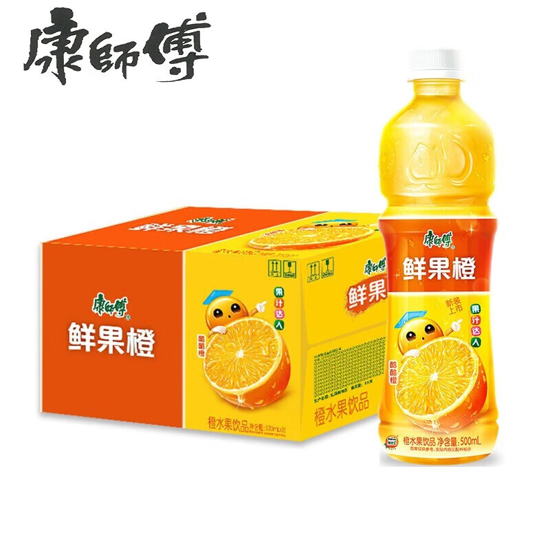 康师傅饮料果汁达人鲜果橙橙汁500ml*瓶装中瓶装橙汁水果味饮品 鲜果