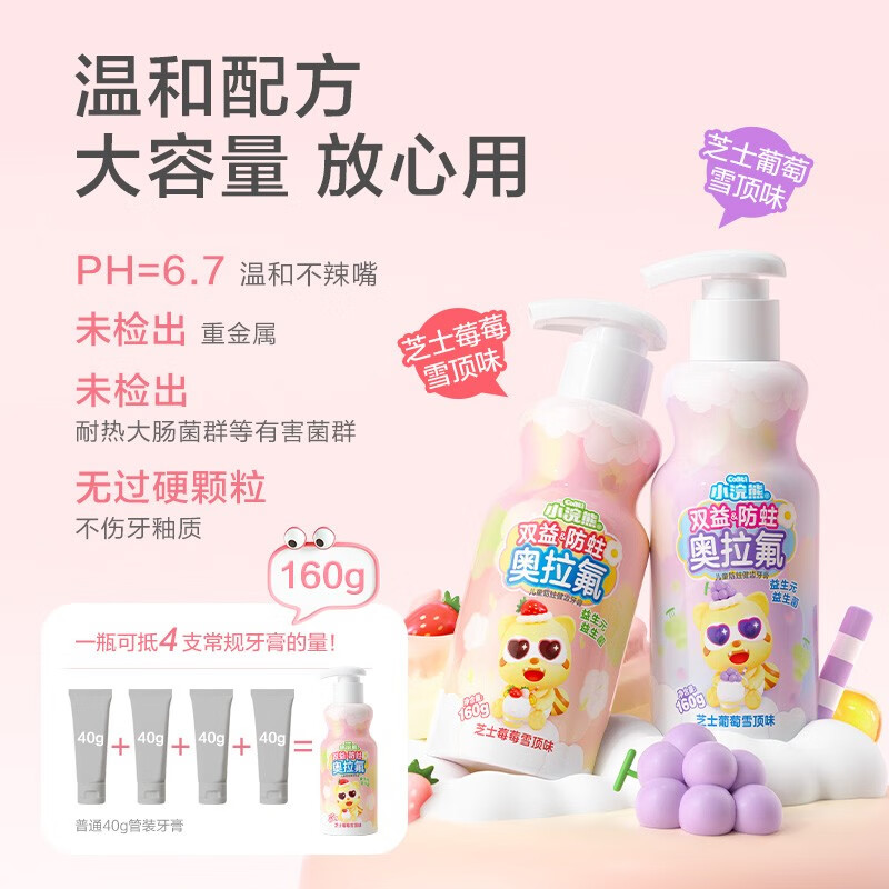 小浣熊儿童牙膏可防蛀牙防龋齿2-6-12岁婴儿宝宝奥拉氟双益果味牙膏 按压防蛀混合口味160g*2瓶