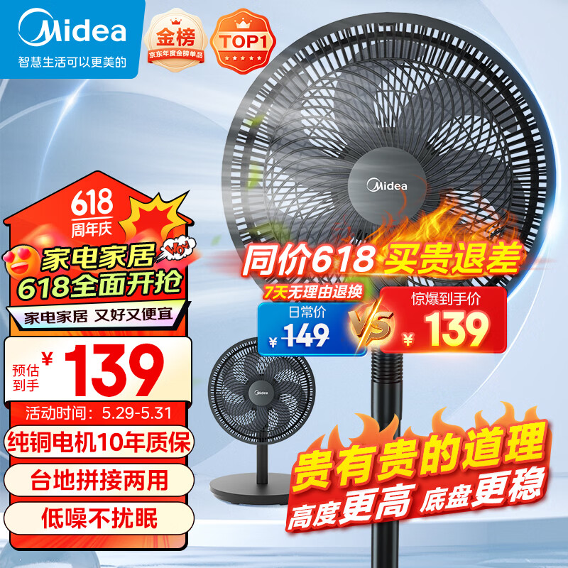 美的（Midea）【超级单品】七叶轻音立式电风扇家用柔风落地扇台式桌面小型风扇大风量节能摇头宿舍电扇 SAF30AB