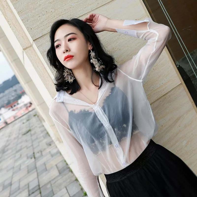 京蝌蝌女式真丝透明衬衫真丝吊带衣宽松百搭 白色 l