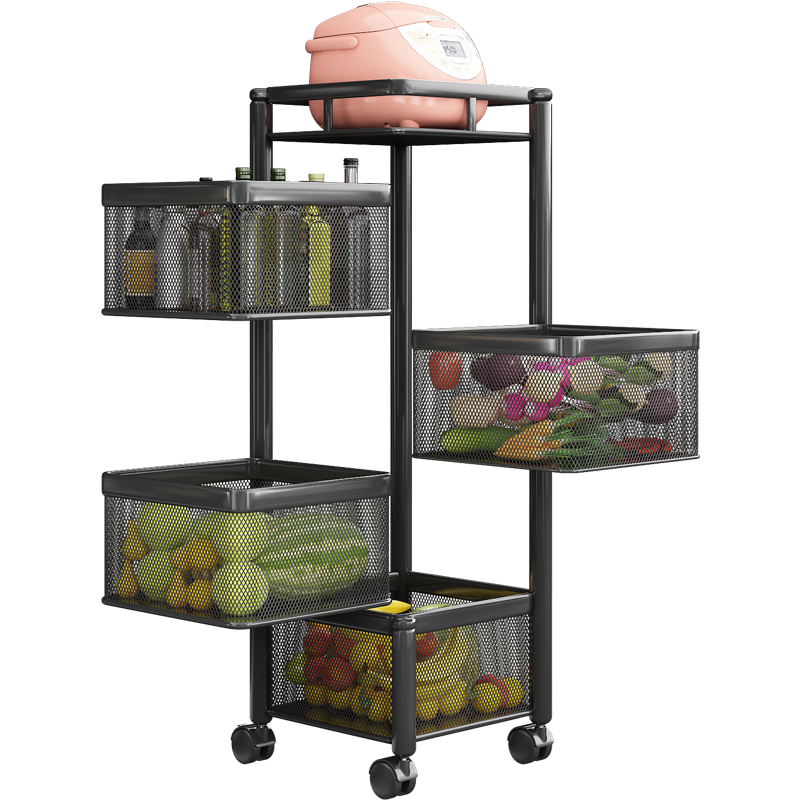 优勤（YOUQIN）厨房置物架落地旋转蔬菜架家用多层水果收纳篮免安装可移动小推车