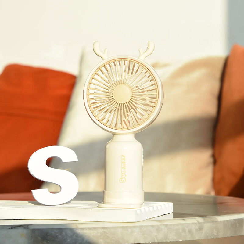 小风扇手持usb充电迷你桌面便携卡通电风扇新品 158卡其【鹿角七彩光风扇】