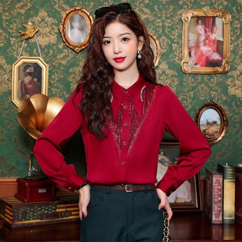 亮片刺绣上衣女士装长袖别致衬衫2024早春秋新款真丝减龄衬衣 酒红色