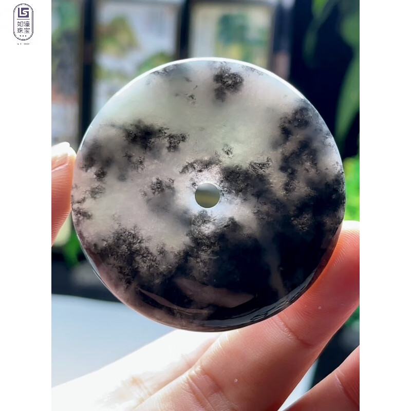 如潼(rutong)53mm缅甸a货翡翠平安扣吊坠 冰乌鸡玉石水墨风怀古玉佩