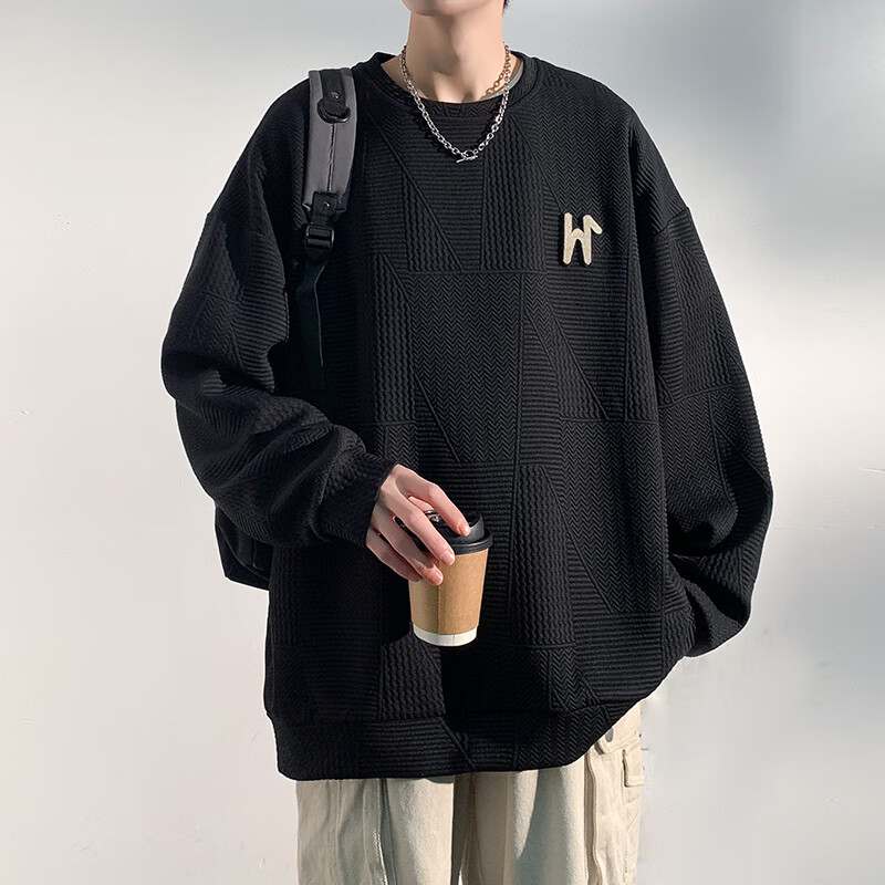 男士春秋外套男生宽松无帽上衣服简约长袖内搭 黑色 xl 130-150斤宽松