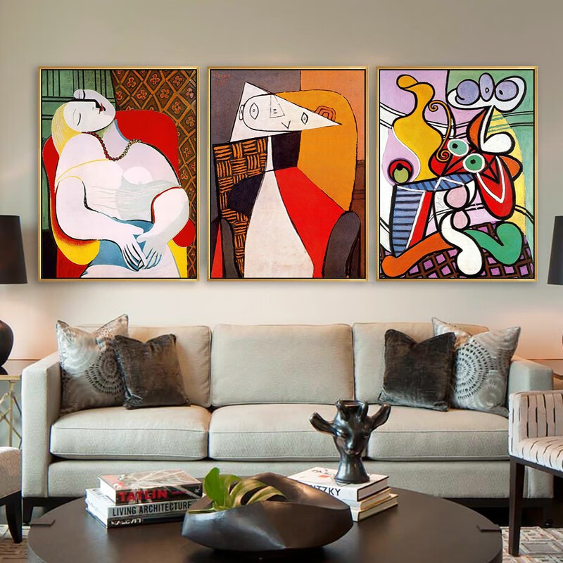 梦彩阁毕加索纯手绘油画客厅装饰画三联抽象人物艺术世界名画沙发背景