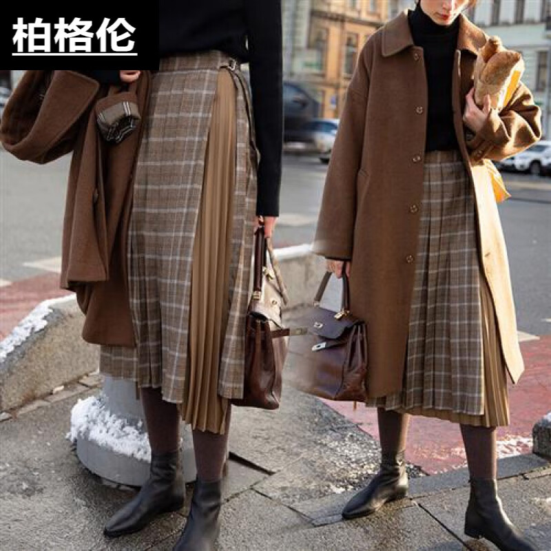 柏格伦一片式半身裙秋冬美式复古格子半身裙女秋冬英伦风奶茶格纹中