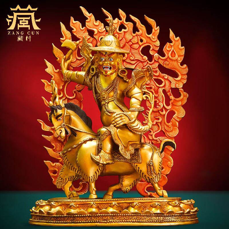 藏村全铜鎏金《骑羊单坚护法》铜像摆件居家玄关办公室工艺品铜雕摆件