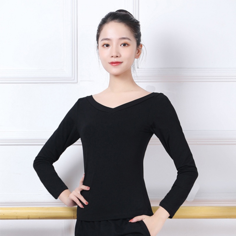 舞蹈练功服女套装形体服上衣黑色灯笼裤学生现代中国舞服 长袖黑色v领