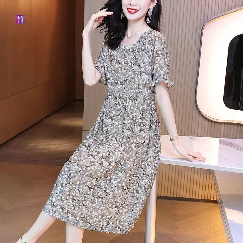 东方鸭杭州100桑蚕丝连衣裙中年老妈大妈真丝碎花长裙 花色 1633 m 95