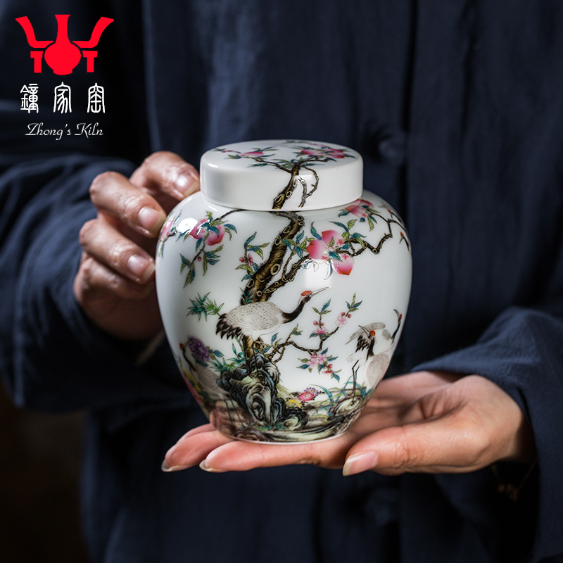 璞庐陶瓷茶叶罐景德镇珐琅彩仙鹤寿桃陶瓷茶叶罐子精品家用大号 珐琅