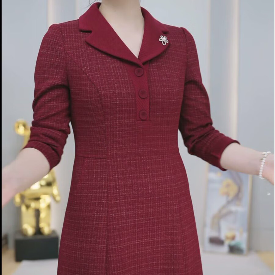 奔瑜中年妇女长袖旗袍裙春秋款中老年女装高档帛莱金纺婚宴妈妈装连衣