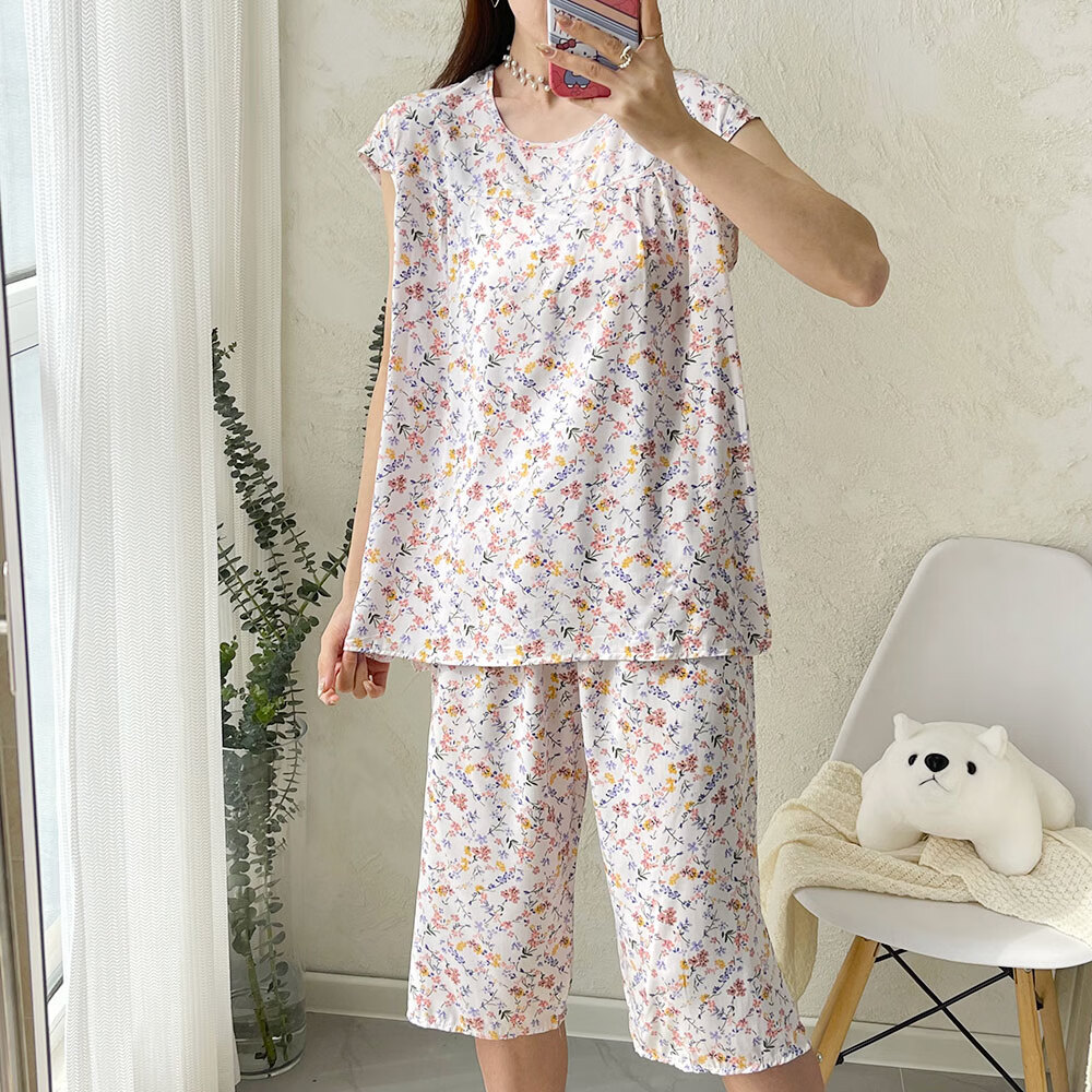 棉绸睡衣女夏薄款人造棉套装大码女装棉绸睡衣家居服宽松短袖上衣套装