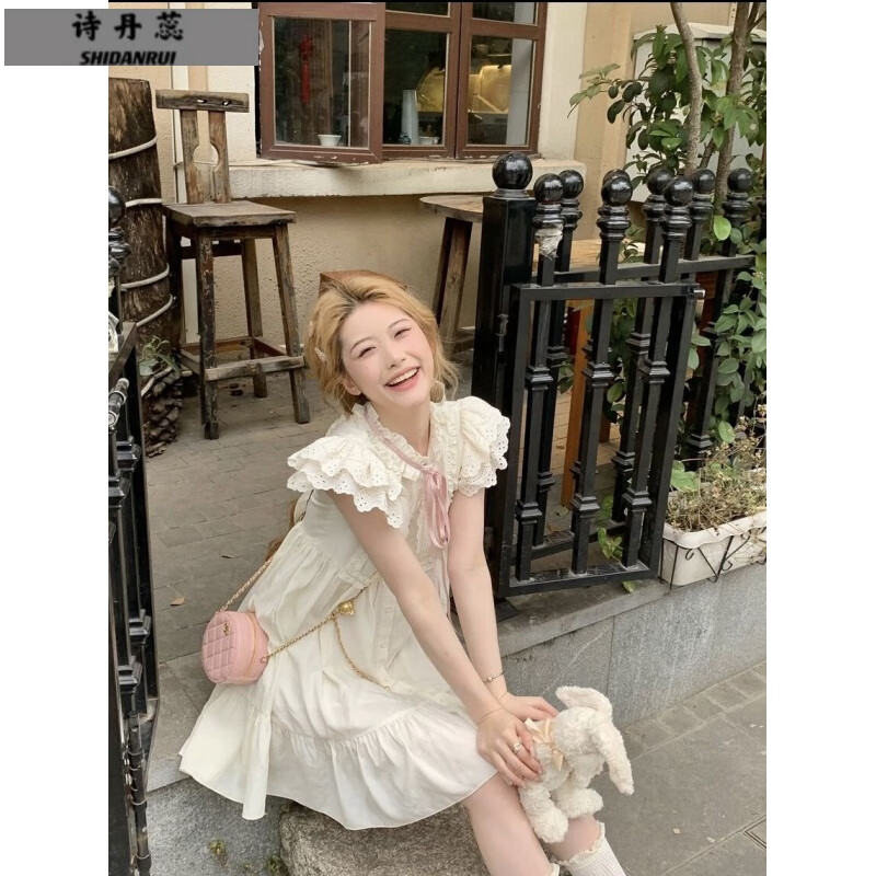 詩丹蕊法式蝴蝶結(jié)小飛袖超仙可愛甜美日系軟妹學(xué)院風(fēng)連衣裙小個子高級感 連衣裙 均碼【可備注碼數(shù)】