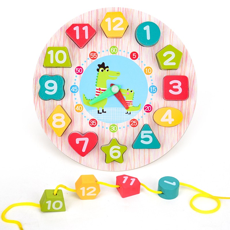 汇奇宝 儿童玩具字母数字时钟形状配对积木串珠穿线时钟早教启智儿童玩具礼物2-3-4-5岁 木质数字串珠时钟【鳄鱼款】