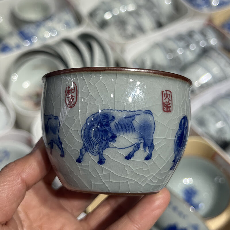 开片五牛小缸杯景德镇陶瓷主人杯单杯复古茶杯品茗杯子 五牛小缸杯