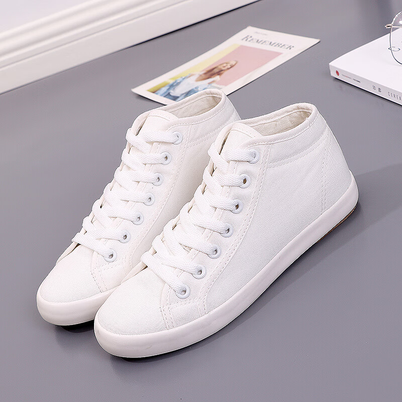 远步(yuanbu)春夏高帮帆布鞋女韩版潮流学生小白鞋板鞋纯色透气白色