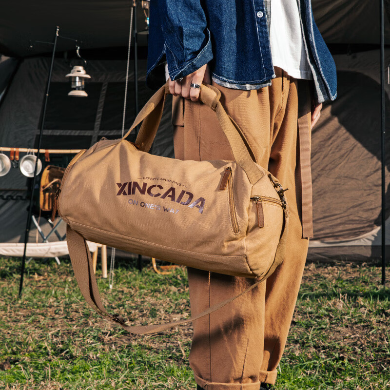 新潮代旅行包男帆布手提大容量运动健身包多功能出差单肩包斜挎旅游包 卡其色