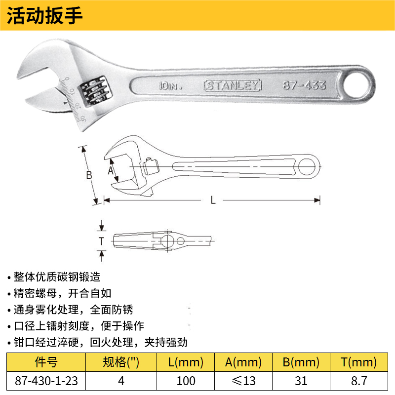 史丹利(stanley)史丹利大开口活扳手省力光柄激光刻度多规格开口扳手8