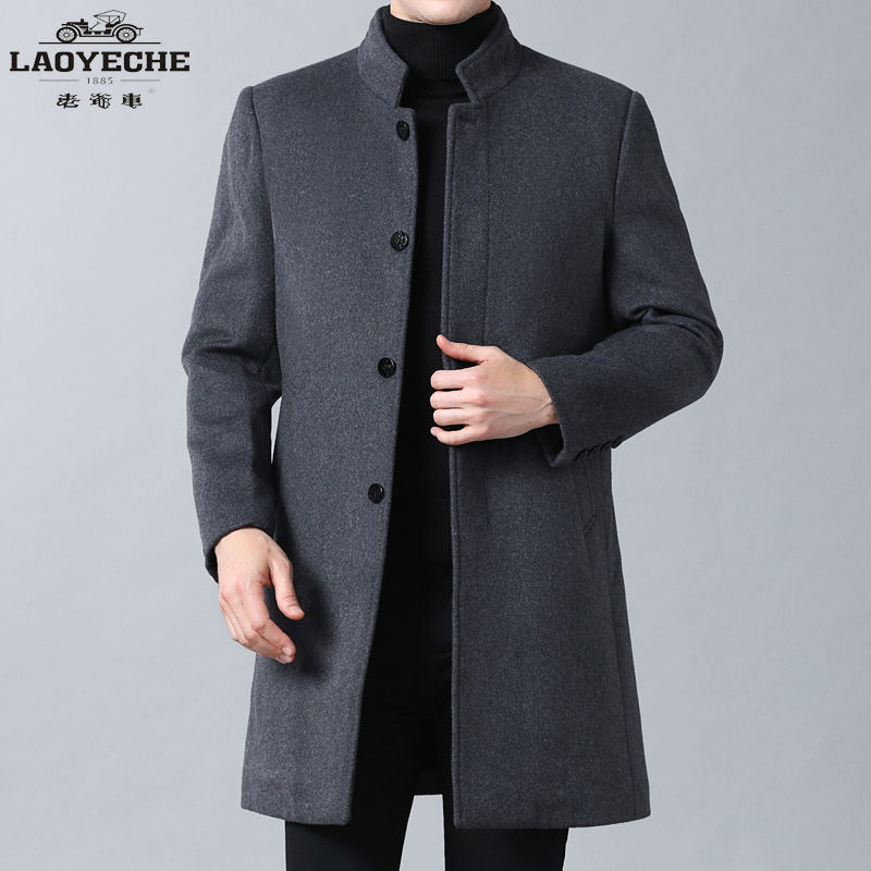 老爷车羊绒毛呢大衣男长款过膝加绒加厚立领中年男装冬季新款羊毛外套