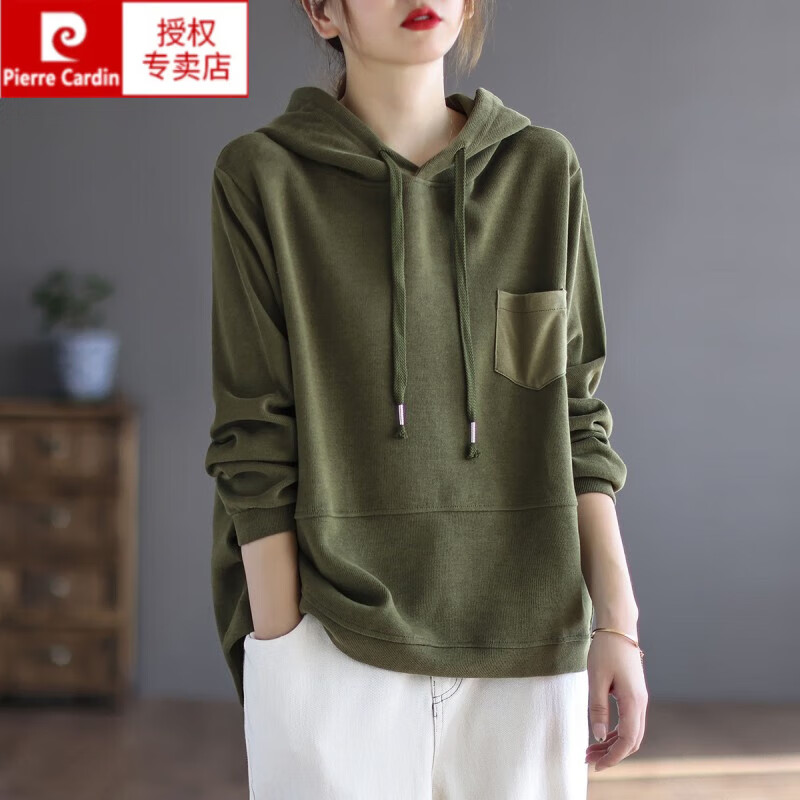 皮尔卡丹（pierre cardin）纯棉连帽卫衣女2025春季新款文艺显瘦宽松休闲百搭套头衫长袖上衣 军绿色 XL【130-145斤】