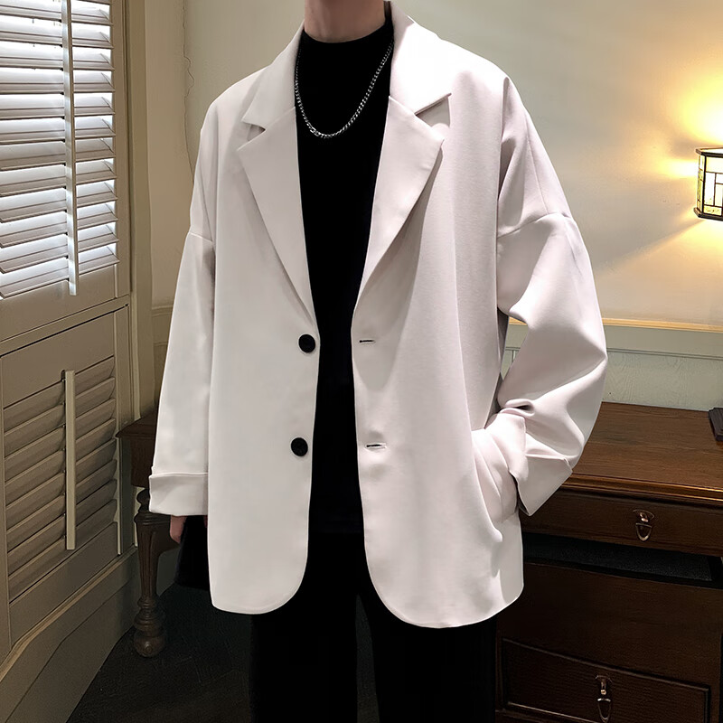 侯七爷(houqiye)休闲西服单服宽松男女潮流痞帅简约男士黑西装 米白色