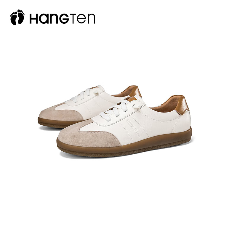 欢腾(HANG TEN)休闲运动鞋女复古潮流时尚百搭板鞋女防滑耐磨平底德训女鞋 米白棕(皮鞋码) 39