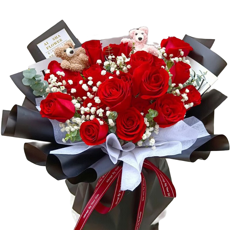 花西田全國滿天星玫瑰真花束生日求婚鮮花速遞同城配送送女友禮物七夕 33朵紅玫瑰+滿天星(女王款)