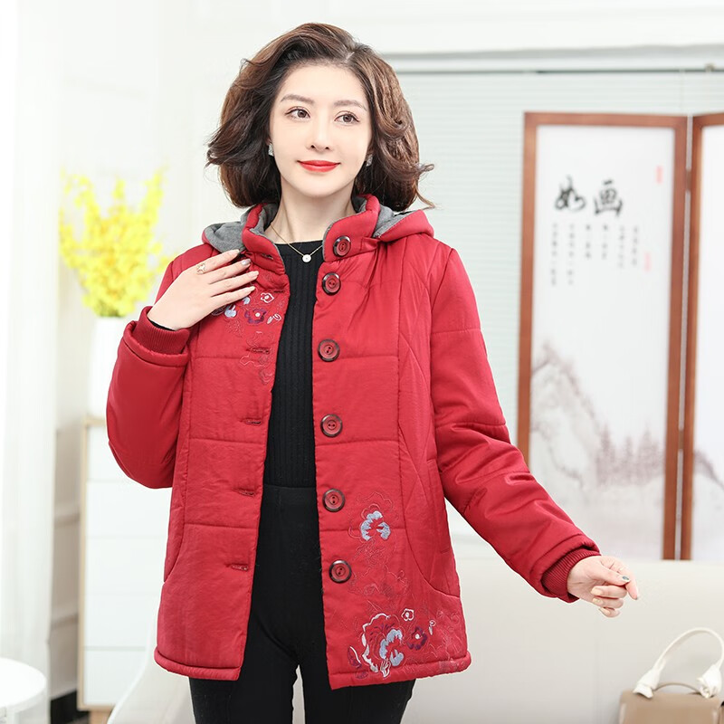 棉袄女士冬季皮毛一体棉服羊皮袄内胆老年棉衣外套连帽可拆卸 红色