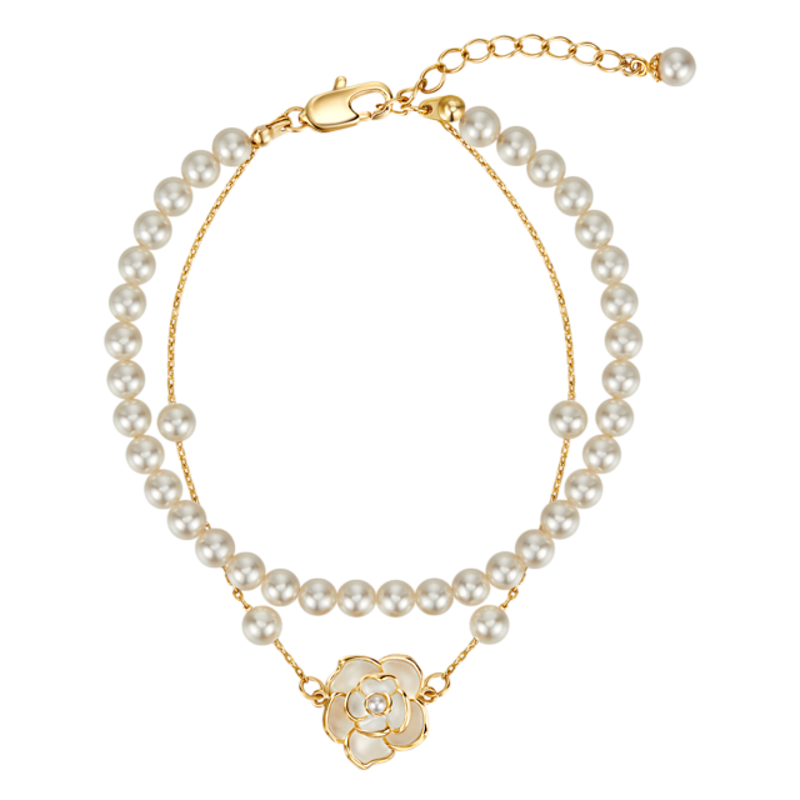AJIDOU 阿吉豆 山茶花系列人造珍珠双链叠戴手链生日礼物送女友老婆 白色 整长16.5cm延长链4cm