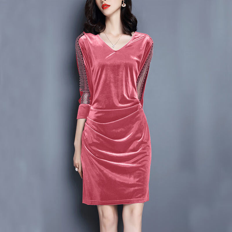 矮个子金丝绒连衣裙打底莲衣群金丝绒v领性感连衣裙女士2023秋 砖红色
